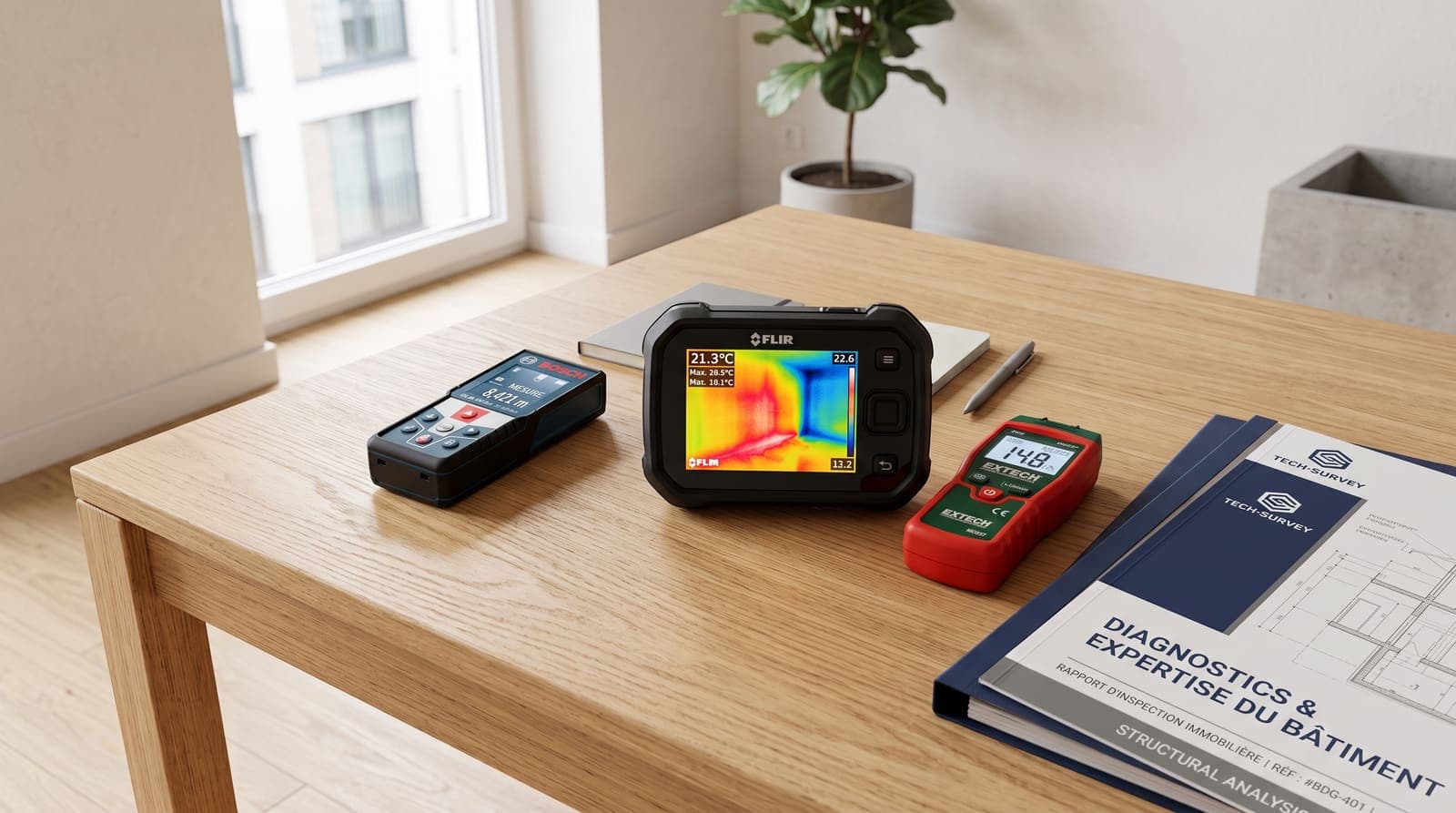 Caméra thermique, télémètre et dossier de diagnostics immobiliers posés sur une table.